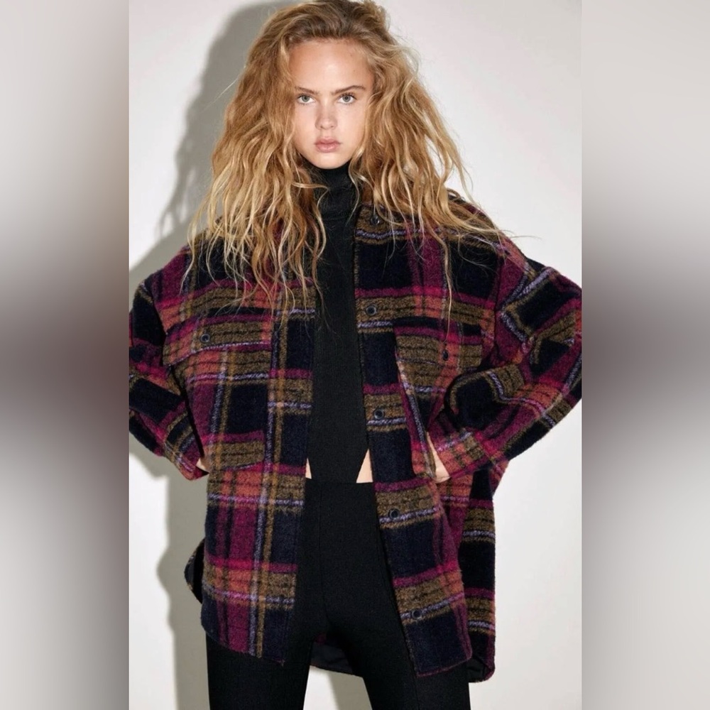 ZARA Plaid Overshirt Jacket Size S | Wool Blend Shacket | Pink Black Tartan Coat